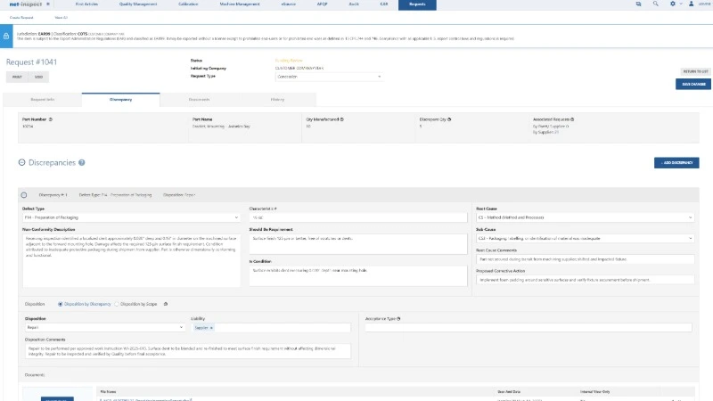 Net-Inspect Request detail view displaying Discrepancies section with defect type selections, non-conformity descriptions, and Add Discrepancy button for quality issue documentation